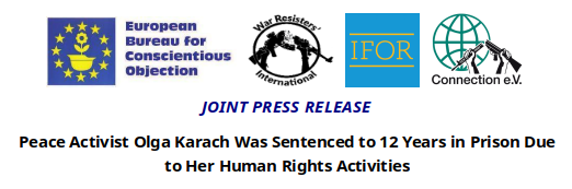 Logos of EBCO, War Resisters International, IFOR and Connection EV accompanied by the title and subtitle of the press release