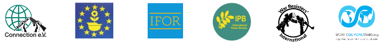 Logos of Connection e.V., the European Bureau for Conscientious Objection (EBCO), the International Fellowship of Reconciliation (IFOR), the International Peace Buraeu (IPB), War Resisters' International (WRI), and World Beyond War