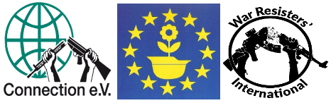 Logos of Connection e.V., the European Bureau for Conscientious Objection (EBCO), and War Resisters' International (WRI)