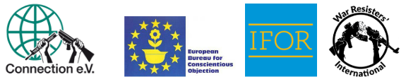 Logos of Connection e.V., the European Bureau for Conscientious Objection (EBCO), International Fellowship of Reconciliation (IFOR) and War Resisters' International (WRI)