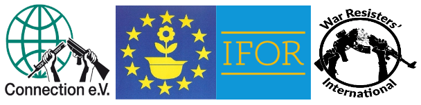 Logos of Connection e.V., the International Fellowship of Reconciliation (IFOR), the European Bureau for Conscientious Objection (EBCO), and War Resisters' International (WRI)